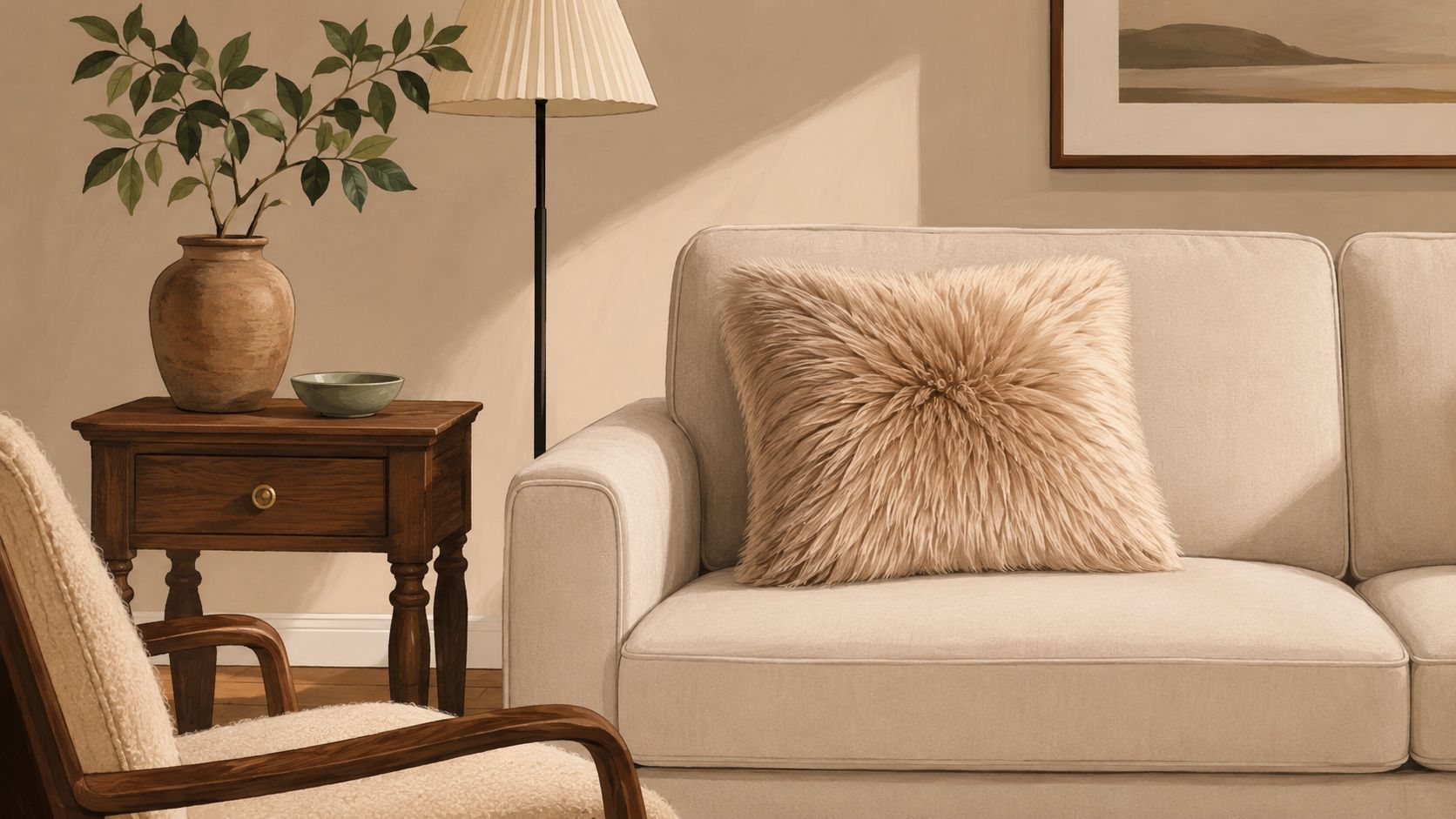A cozy living room featuring a cream-colored sofa with a plush faux fur pillow beside a wooden end table.