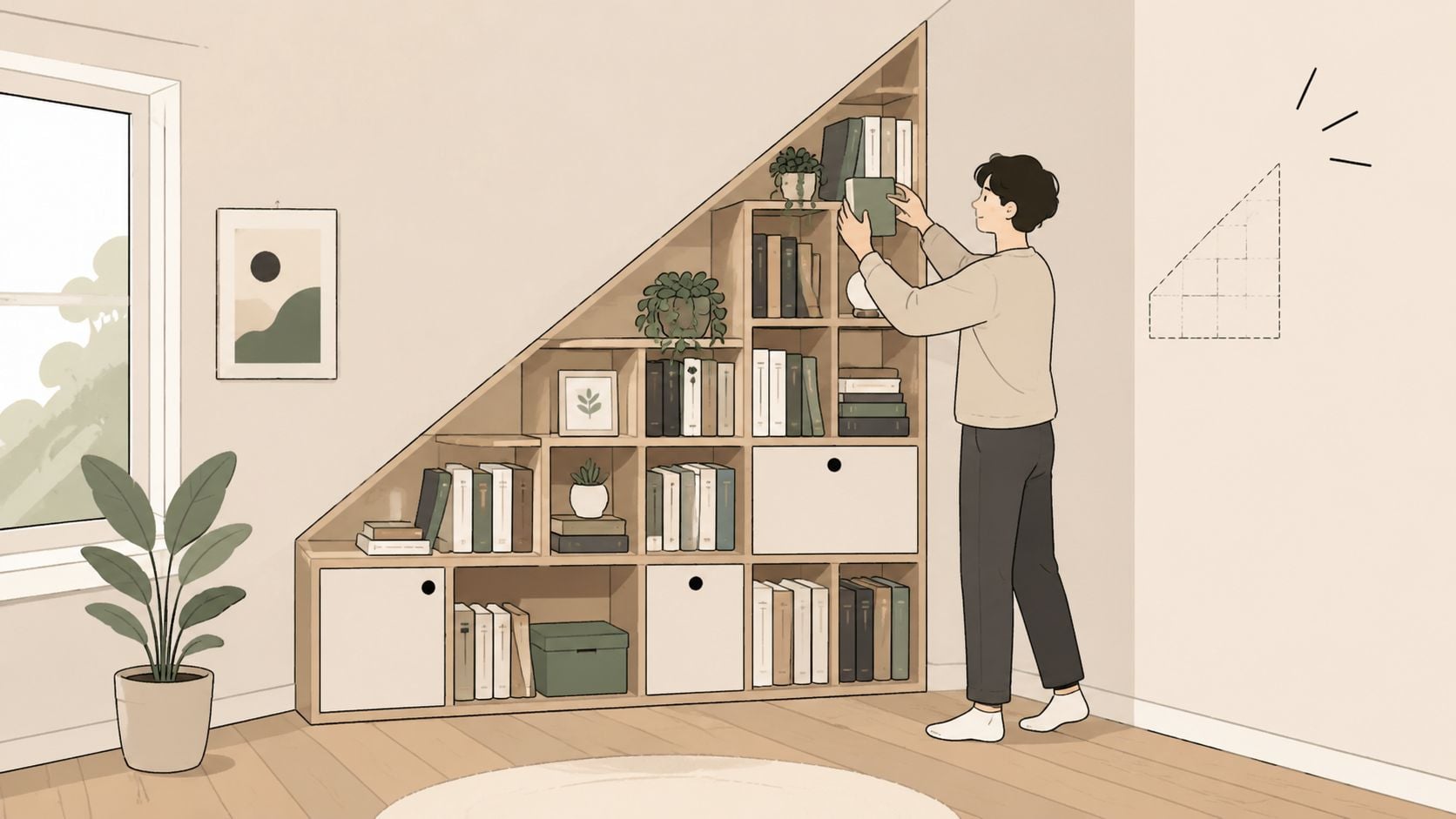 A person organizing books on a modern, triangular wooden shelving unit inside a cozy, minimalist room.