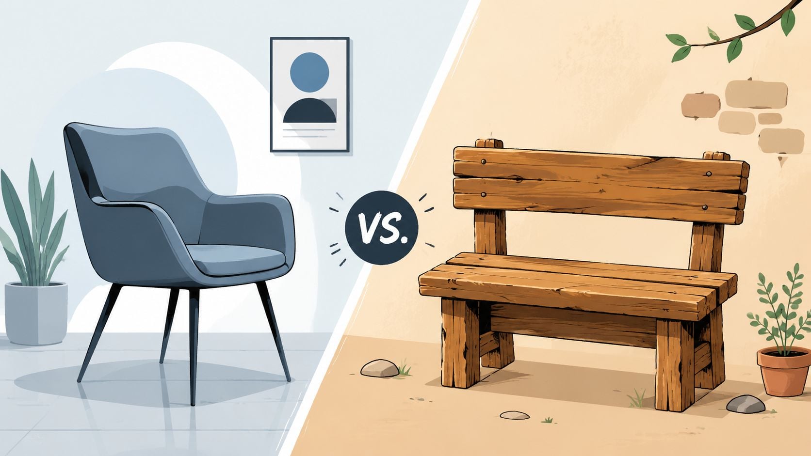 An illustration comparing a modern blue upholstered chair with a rustic wooden garden bench side-by-side.