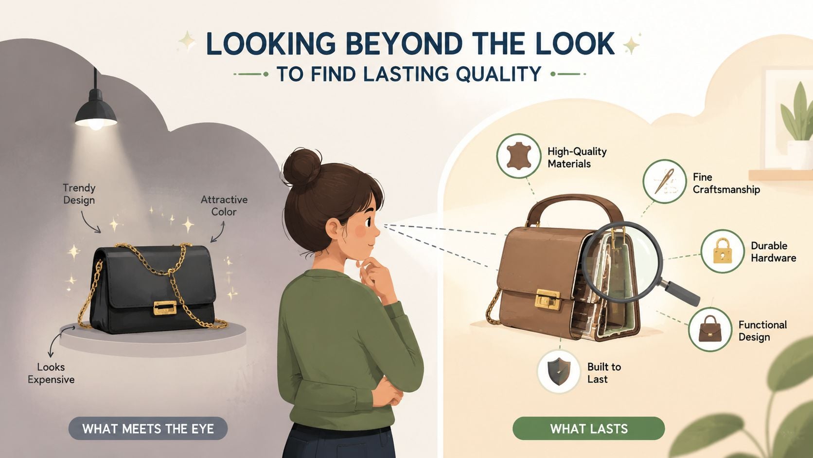 A woman examining a brown handbag with a magnifying glass to check for quality and craftsmanship.