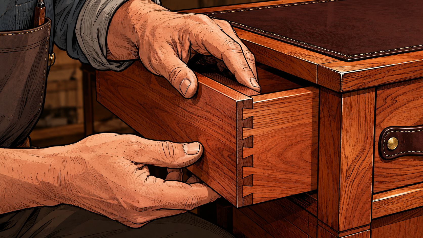 A skilled carpenter fits a handcrafted wooden drawer with dovetail joinery into a high end desk.