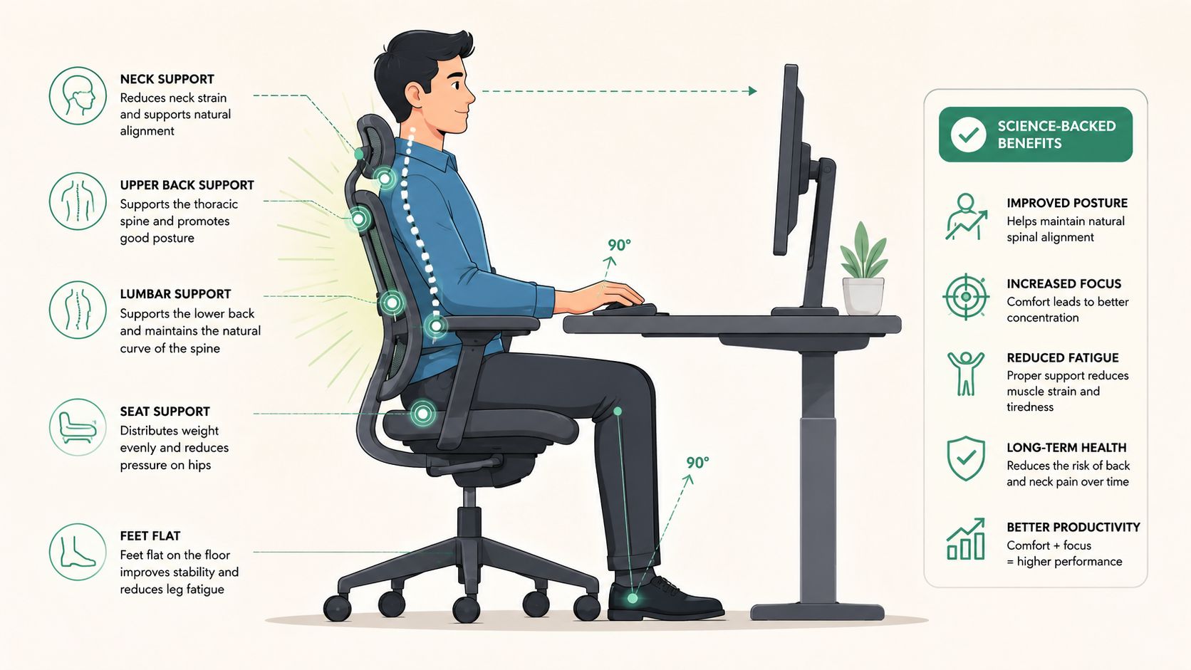A diagram illustrating the ergonomic benefits of an office chair for maintaining proper posture while working.