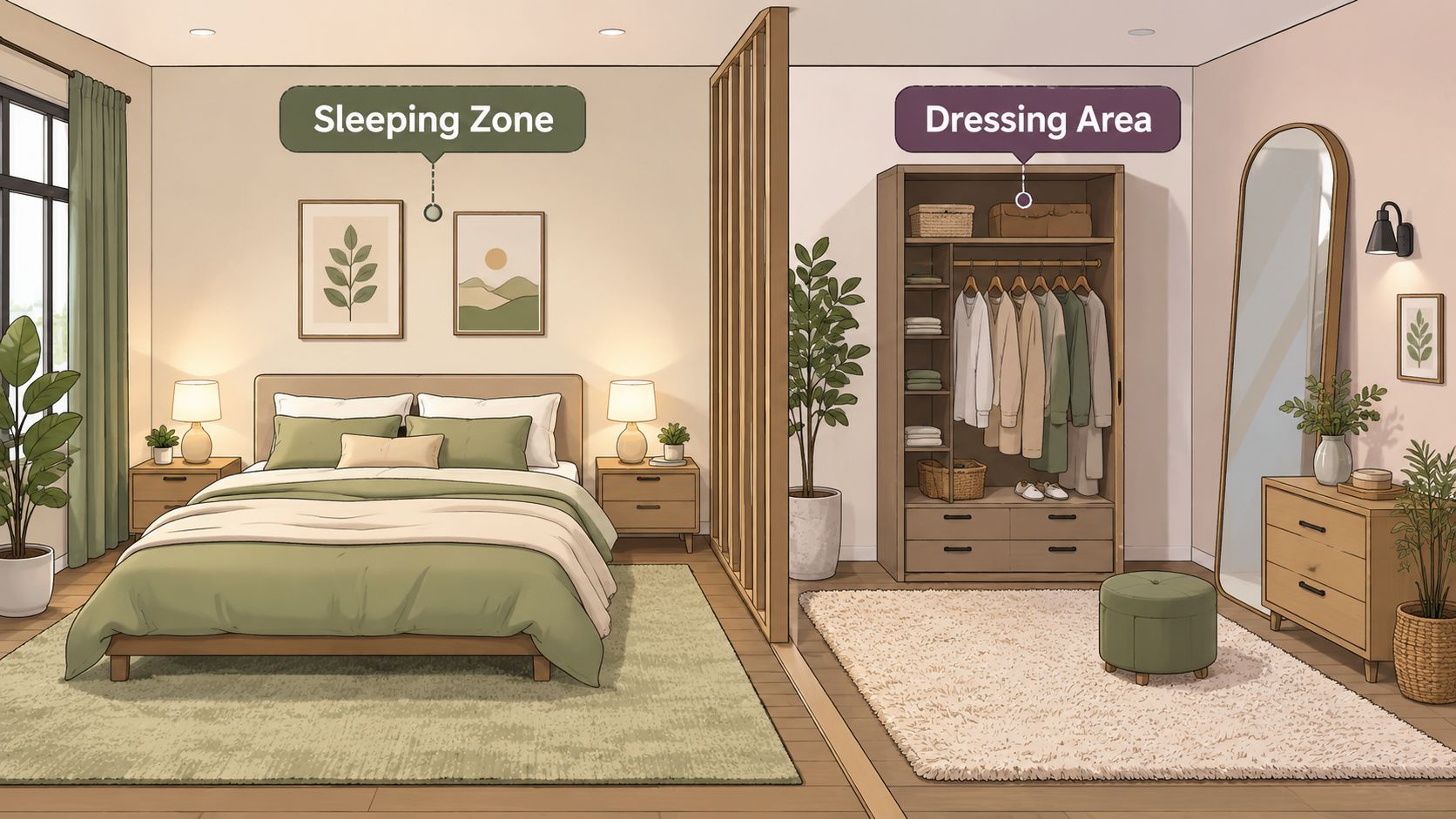 A modern, partitioned bedroom divided into a comfortable sleeping zone and a spacious dressing area with neutral decor.