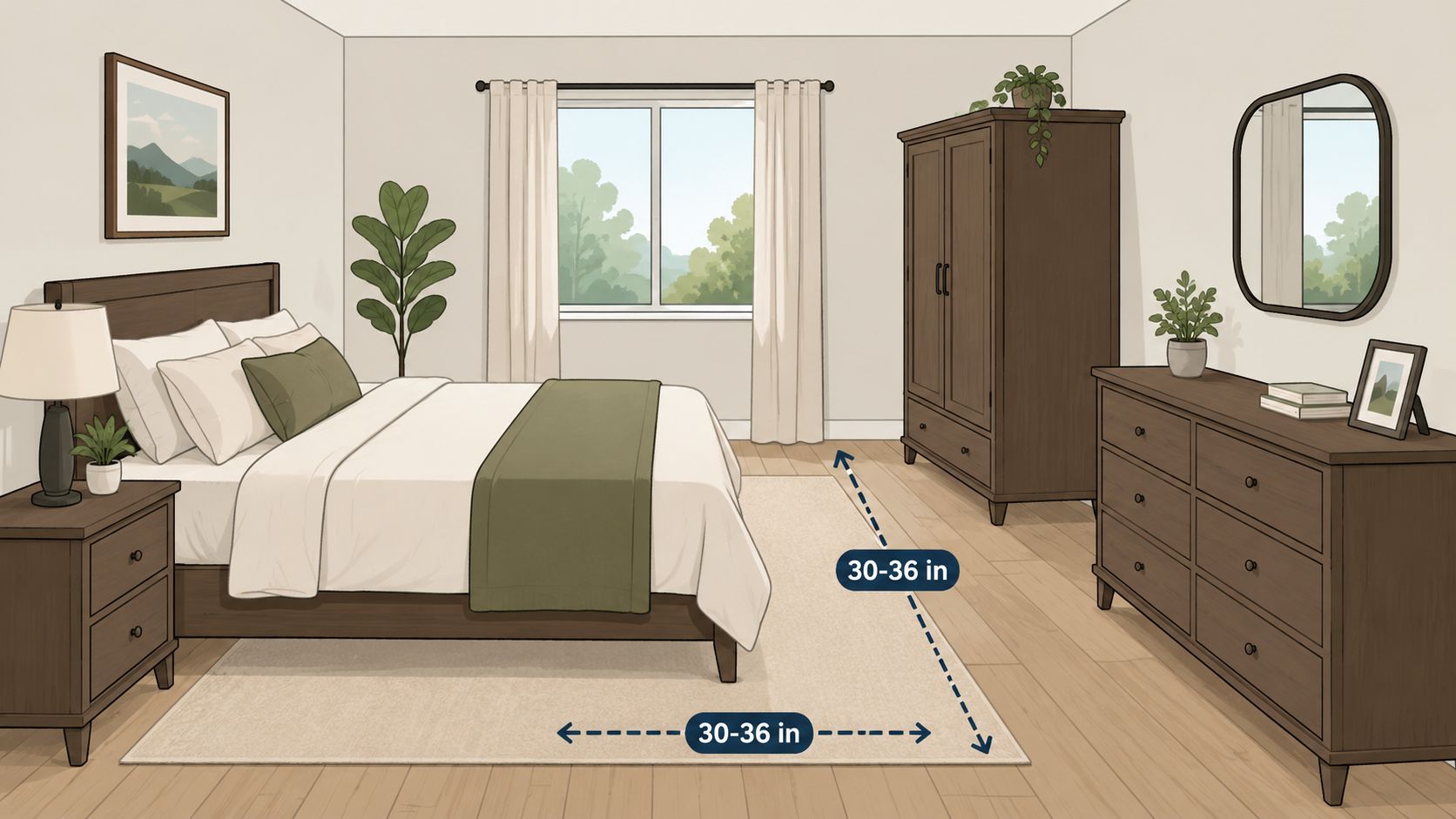An illustration showing ideal rug placement and clearance measurements for bedroom furniture in a modern room.