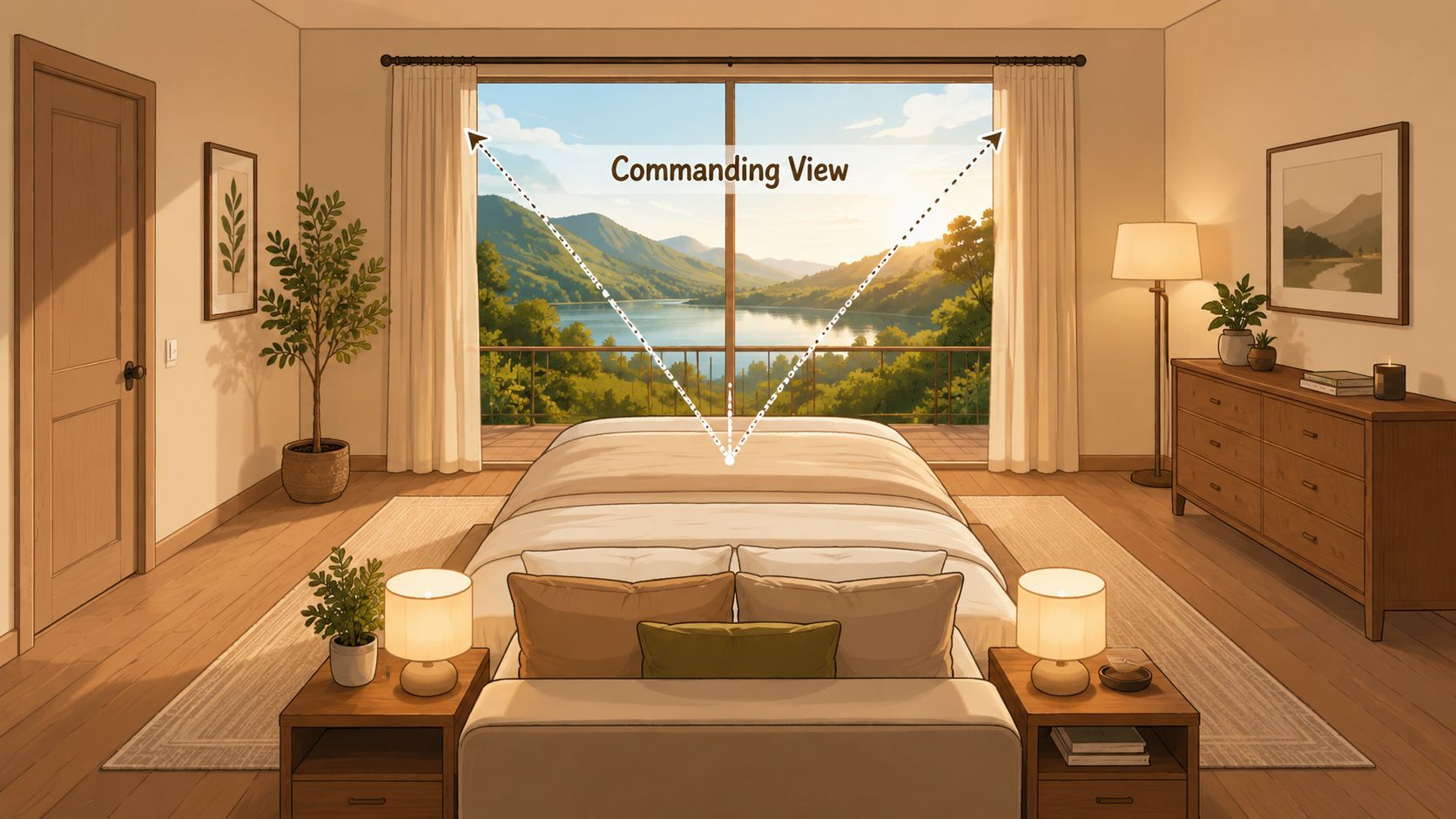A cozy, well-lit bedroom featuring a bed facing a large floor-to-ceiling window with a scenic lake view.