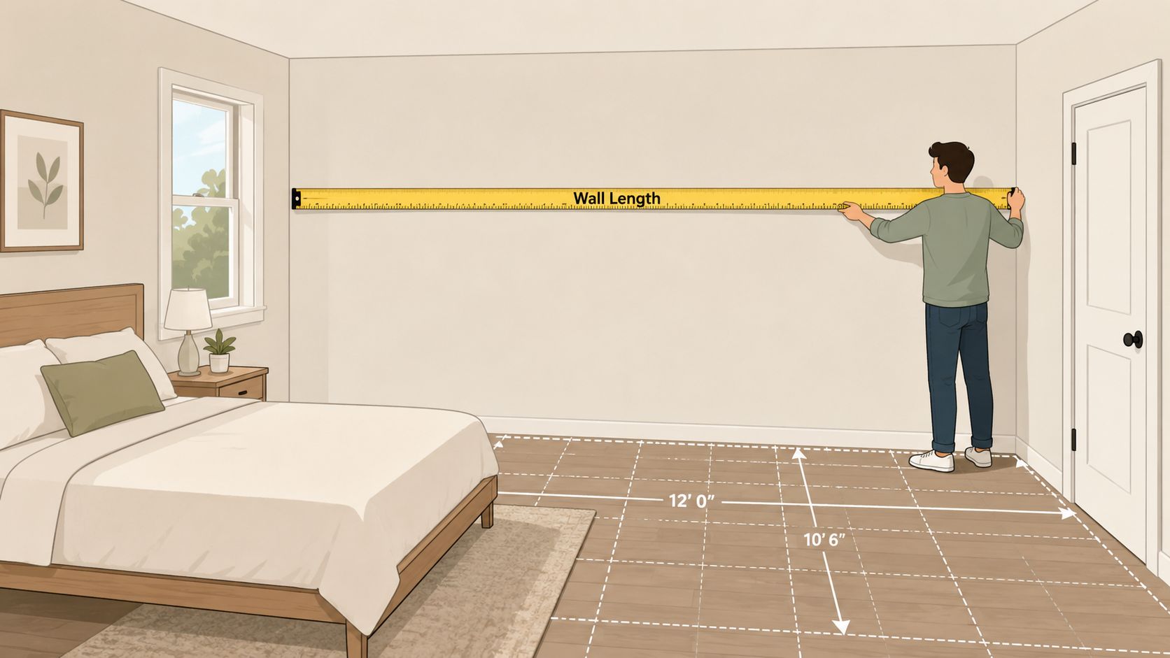 A person using a long yellow measuring tape to measure the length of a bedroom wall.