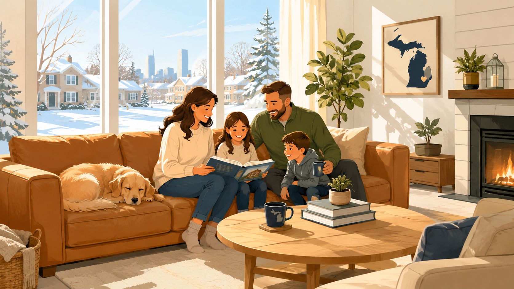 A happy family relaxing on a brown leather sofa in a cozy, sunlit living room with their dog.
