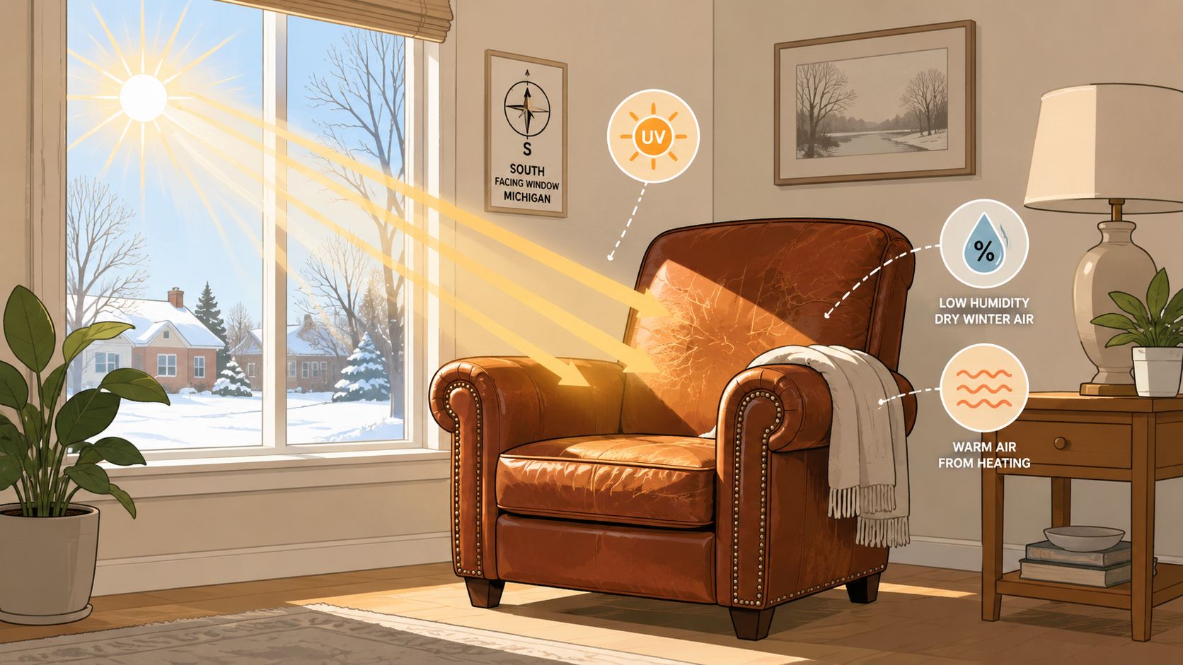A leather armchair damaged by sunlight and dry air sitting near a sunlit window in winter.