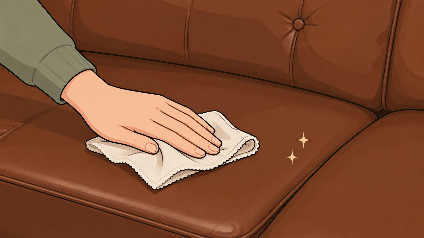 A person's hand using a soft cloth to gently clean and maintain a brown leather sofa.