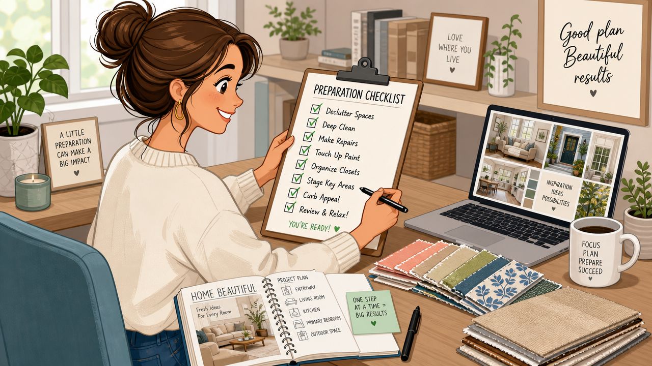 A woman working on a home preparation checklist at her desk with decor samples and a laptop.