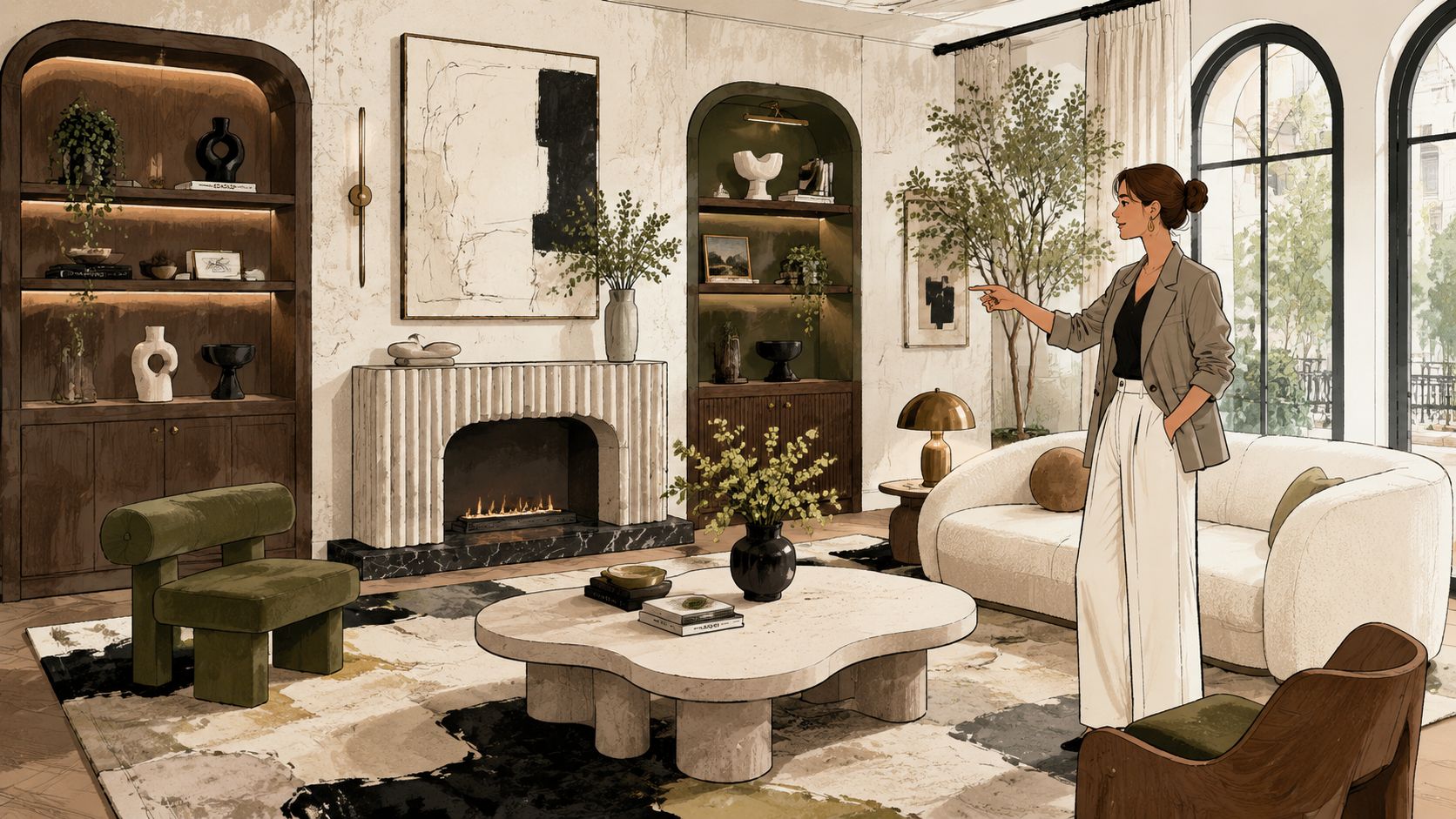 A professional interior designer gestures toward a sophisticated, modern living room with arched shelving and organic decor.