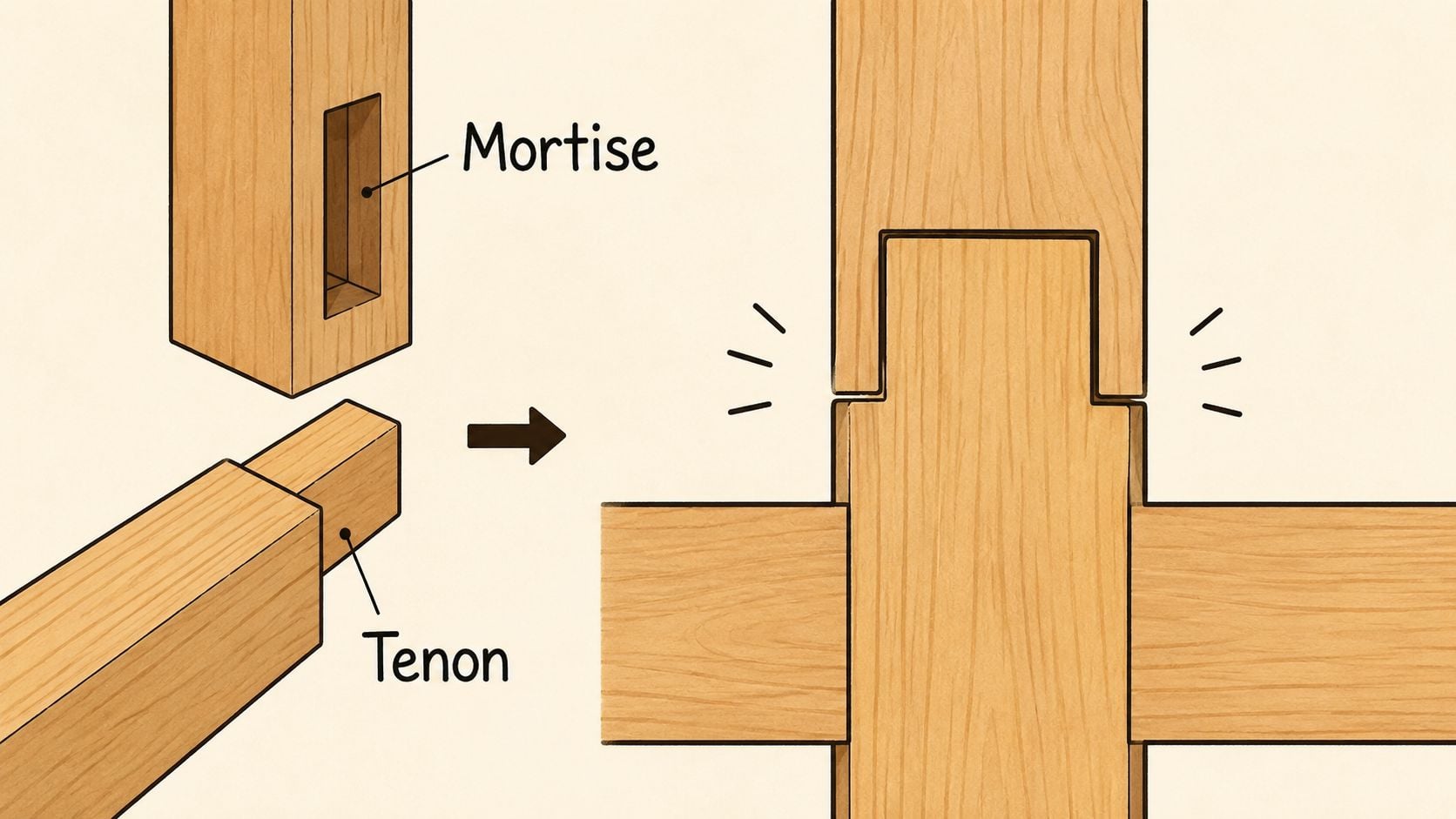 An illustration showing the assembly of a traditional wood mortise and tenon joinery construction technique.