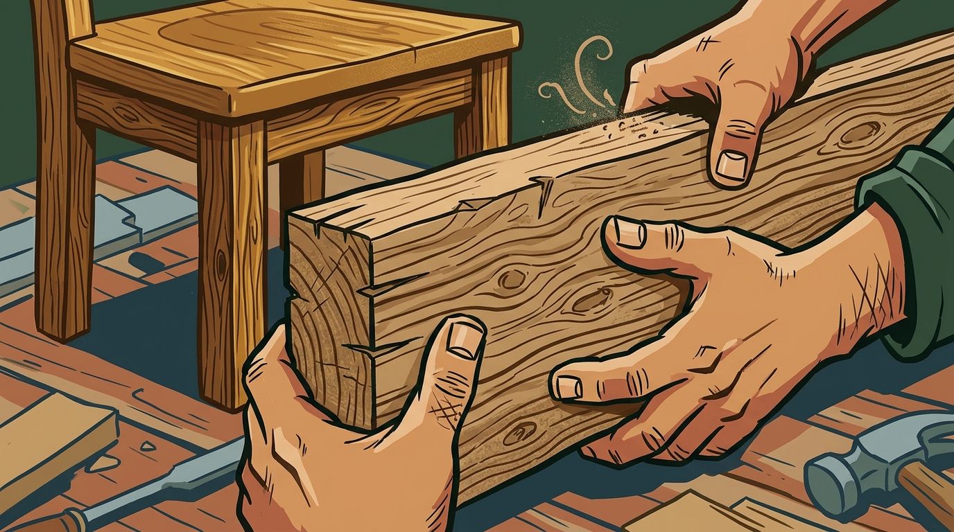 A close-up illustration of a carpenter working with North American hardwoods to build furniture.