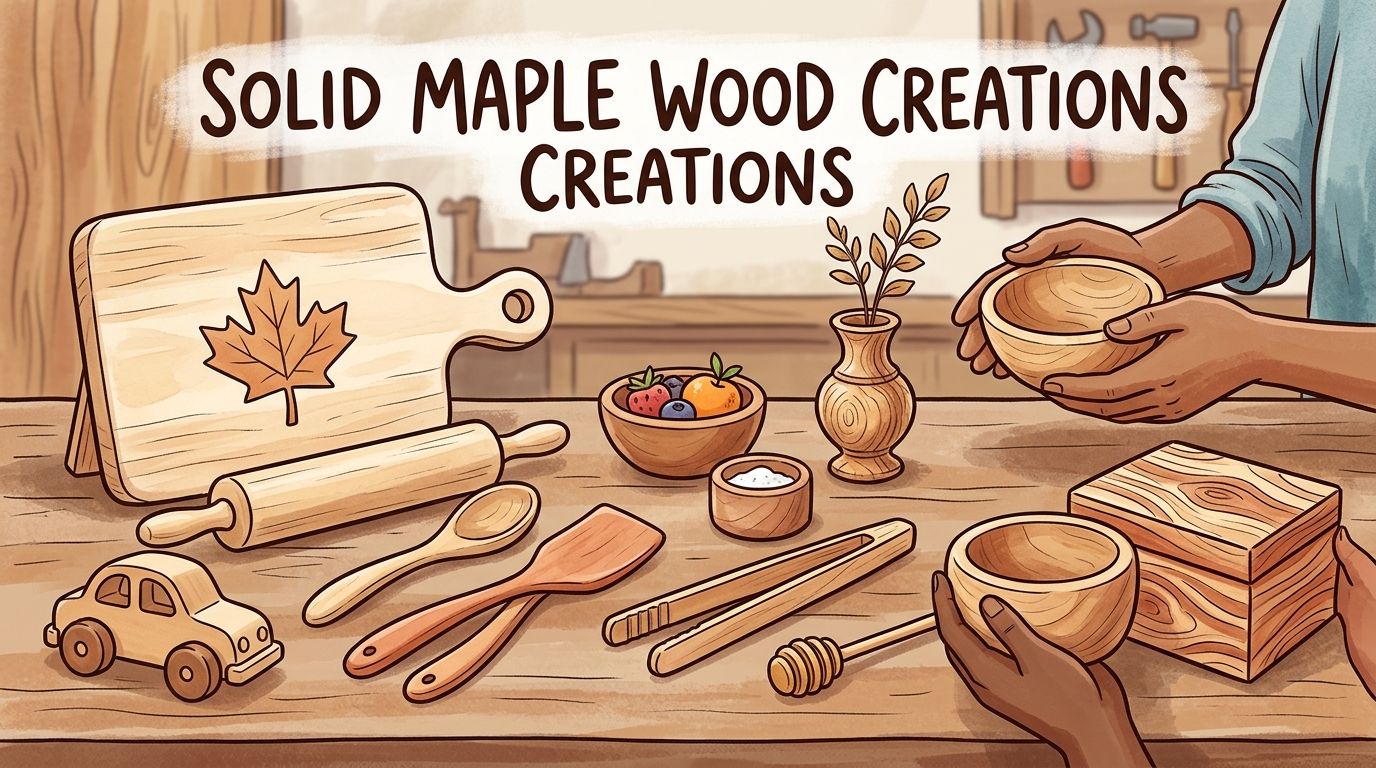 An artisan handcrafted solid maple wood kitchen utensils and decorative items displayed on a rustic wooden workshop table.