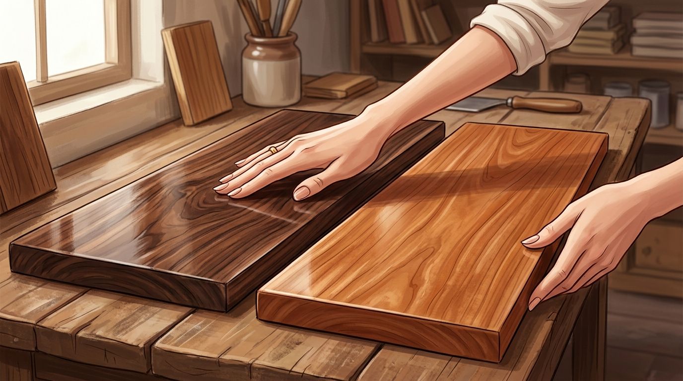 A woodworker comparing a dark stained wooden board with a natural light-colored North American hardwood board.