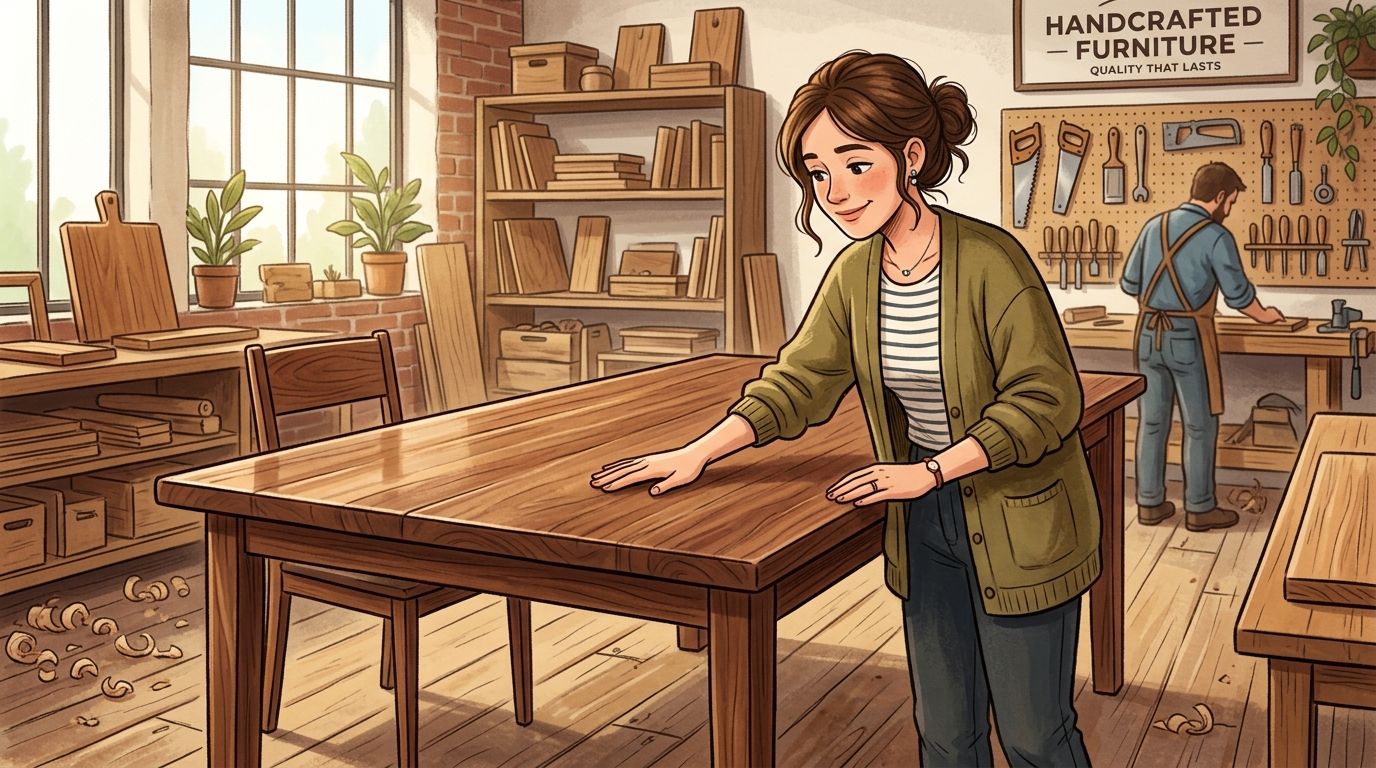 A woman admiring a handcrafted wooden table in a bright, rustic woodworking shop with tools visible.