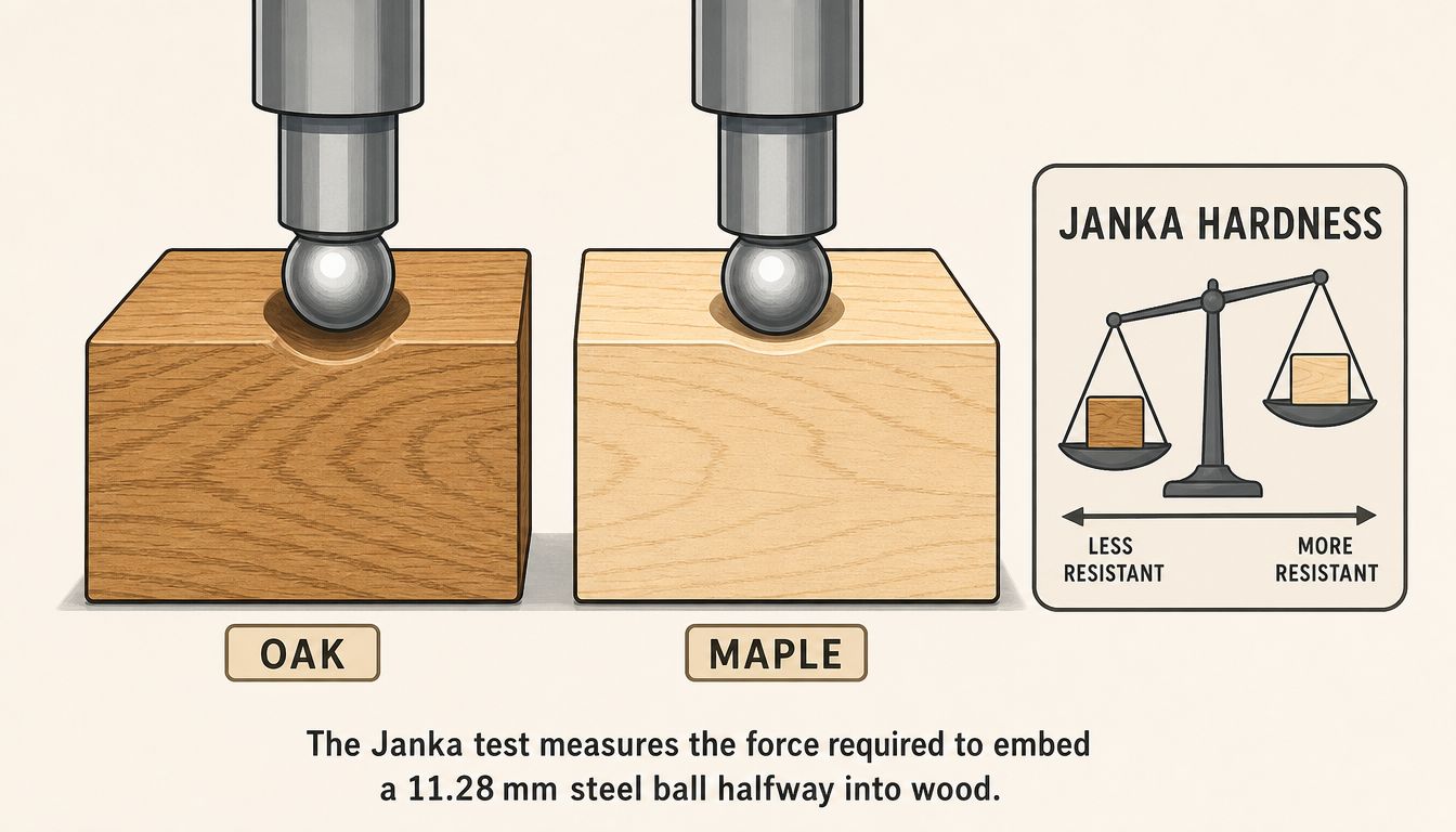 An illustration demonstrating the Janka hardness test comparing oak and maple wood using a steel ball indentation.