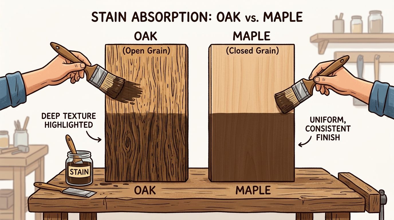 An illustration comparing how wood stain absorbs into open-grain oak versus closed-grain maple lumber.