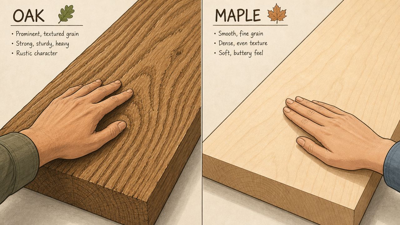 A split image comparing the visible grain and texture of a piece of oak wood versus maple wood.