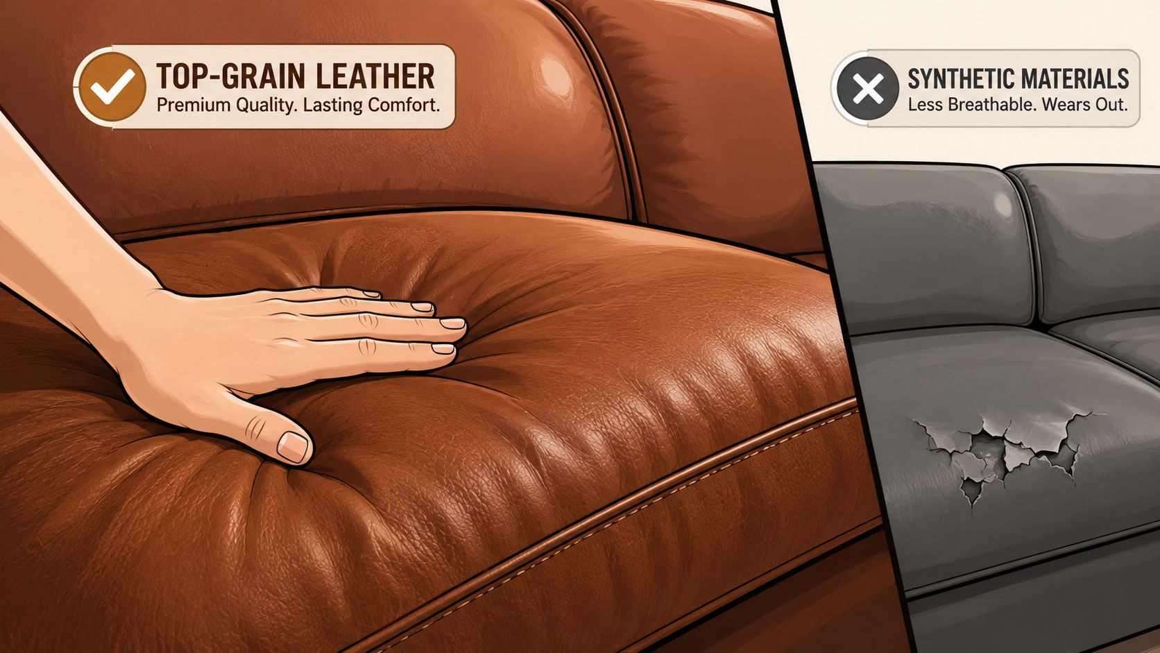 A comparison between high quality top-grain leather and damaged synthetic upholstery on furniture cushions.