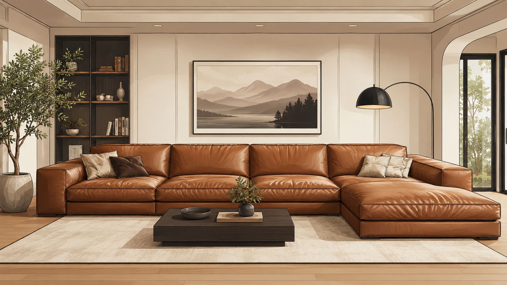 A modern living room featuring a large, comfortable brown leather sectional sofa, a coffee table, and decor.
