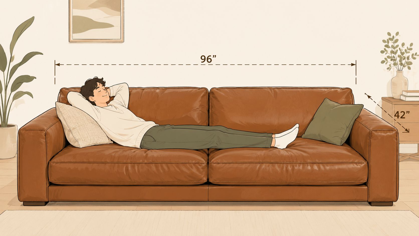 A person relaxing on a large 96-inch brown leather sofa with 42-inch depth in a cozy living room.