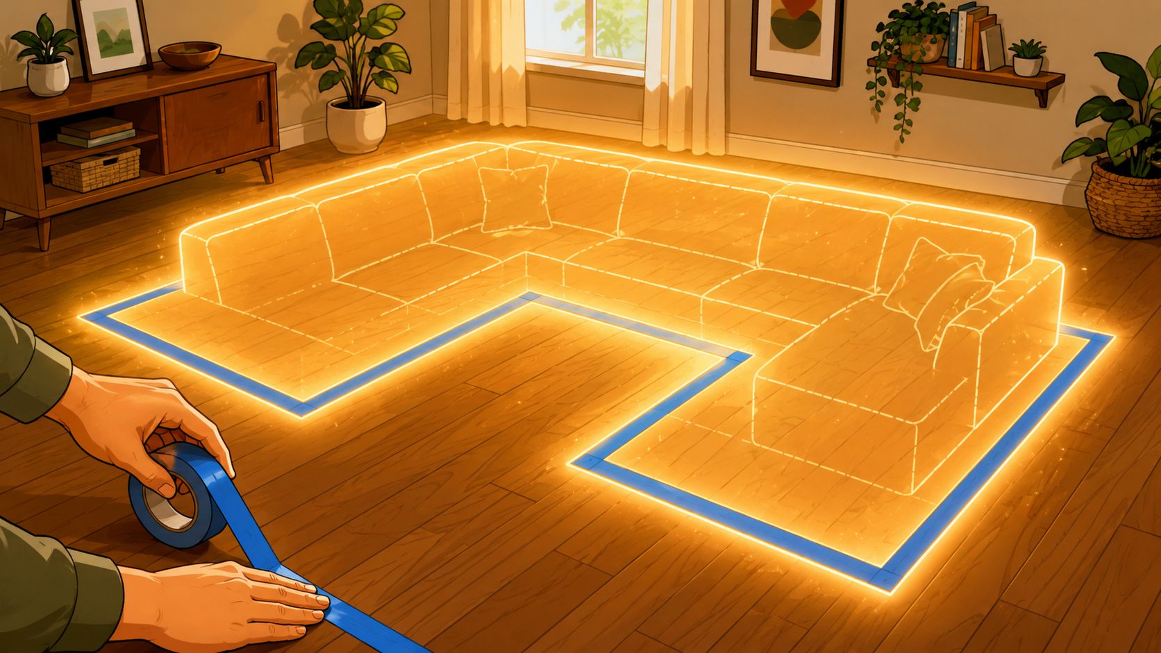 A person uses blue painter's tape to outline the footprint of a large U-shaped sectional couch on hardwood.