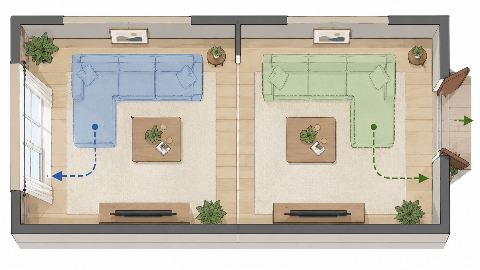 A top-down 2D floor plan comparing living room layouts with different right-sided chaise sectional configurations.
