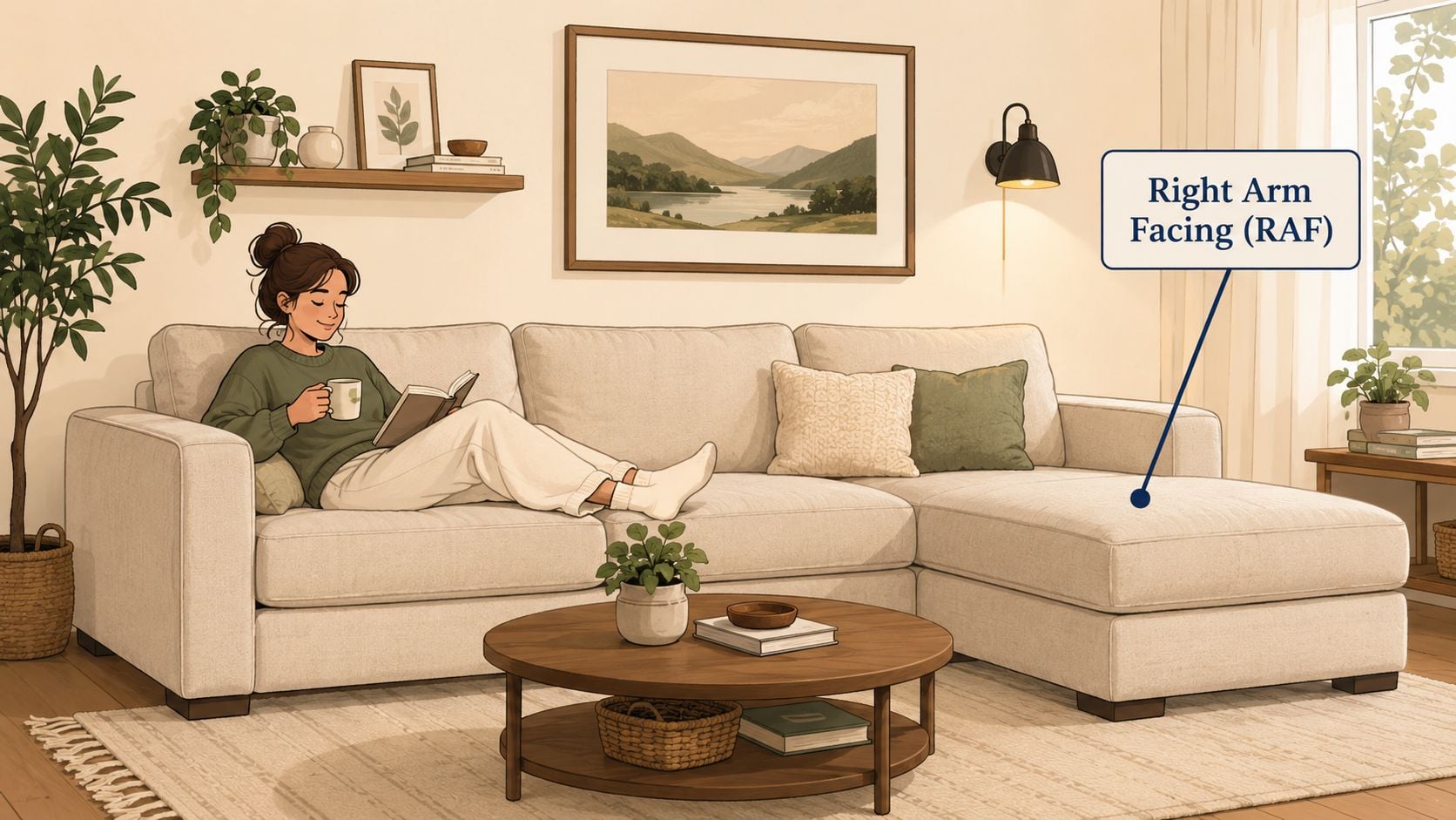 A woman sits comfortably on a beige right arm facing chaise sectional sofa while reading a book.