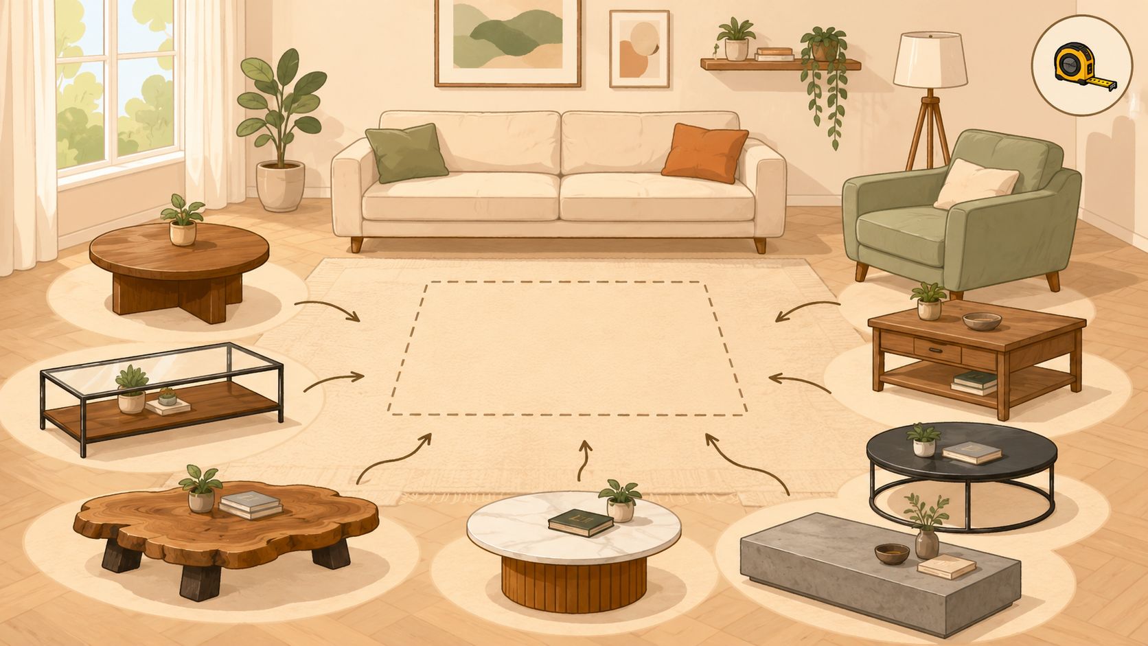 An illustration showing various coffee table designs arranged around a rug in a modern living room interior.