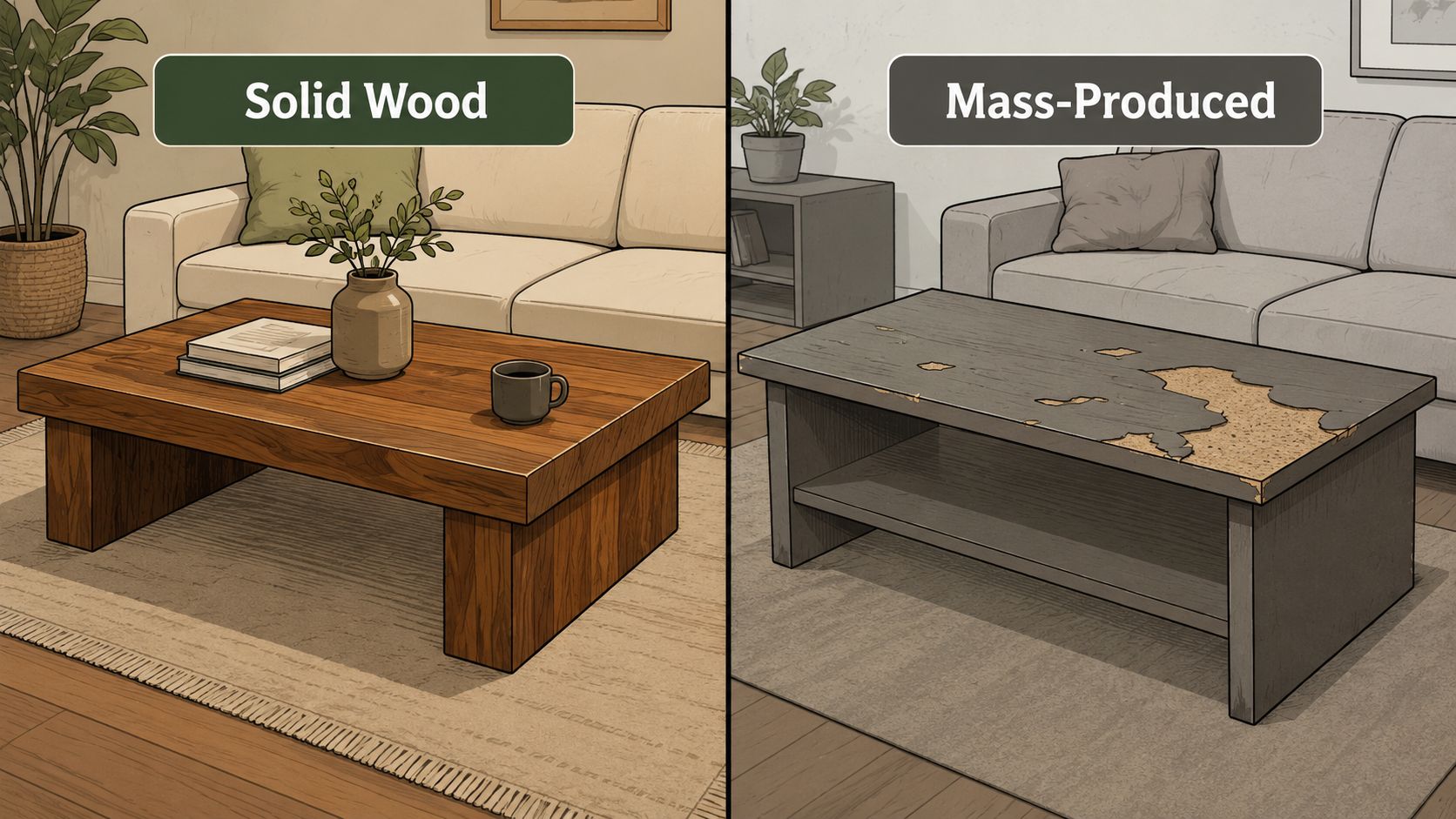 A side by side comparison showing a durable solid wood coffee table versus a damaged mass-produced table.