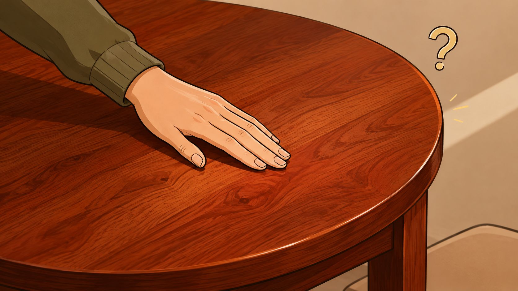 A close-up view of a person's hand resting on a polished wooden table surface with a question mark.