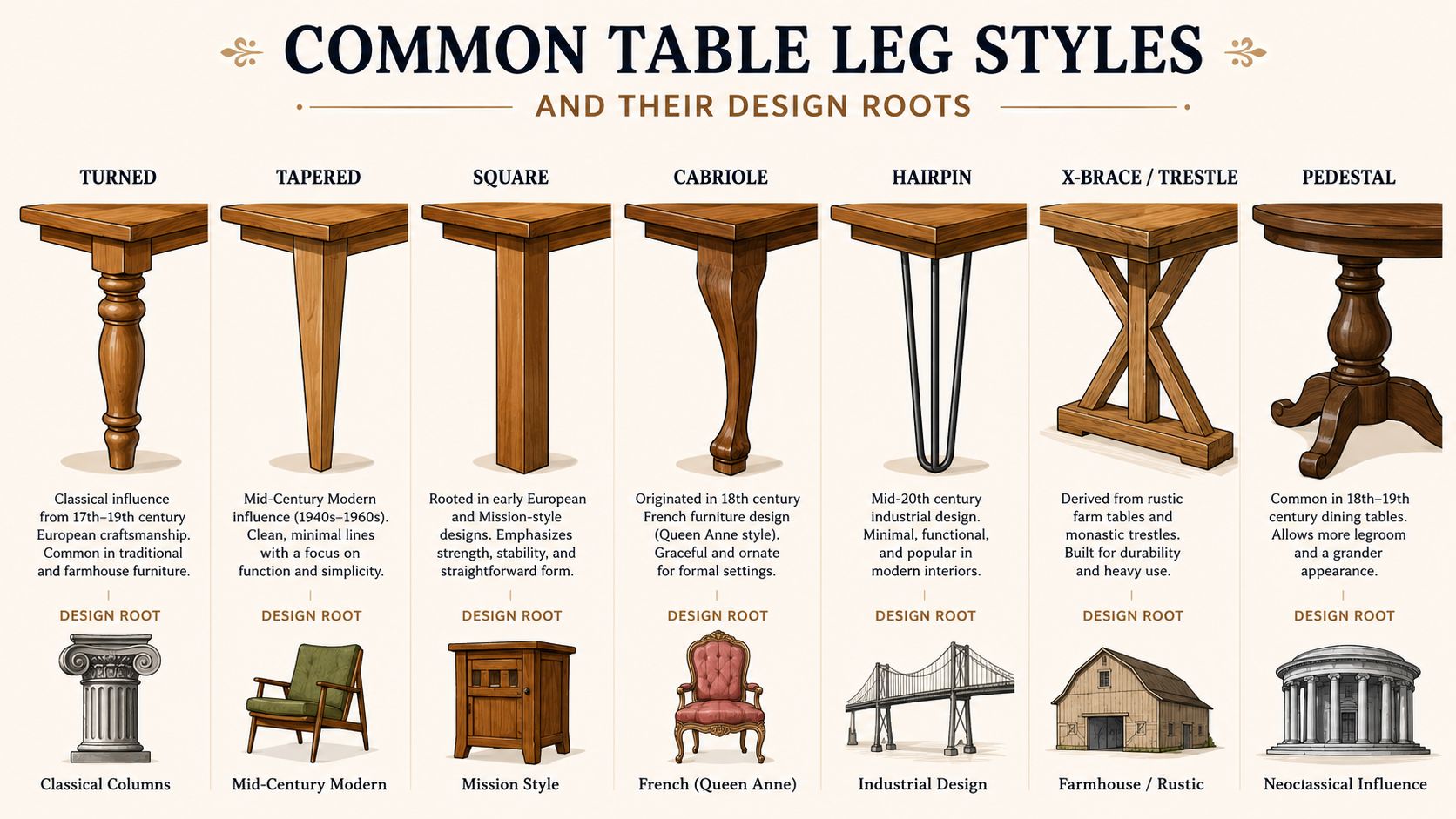 An educational infographic illustrating common table leg styles, their origins, and corresponding design root imagery.
