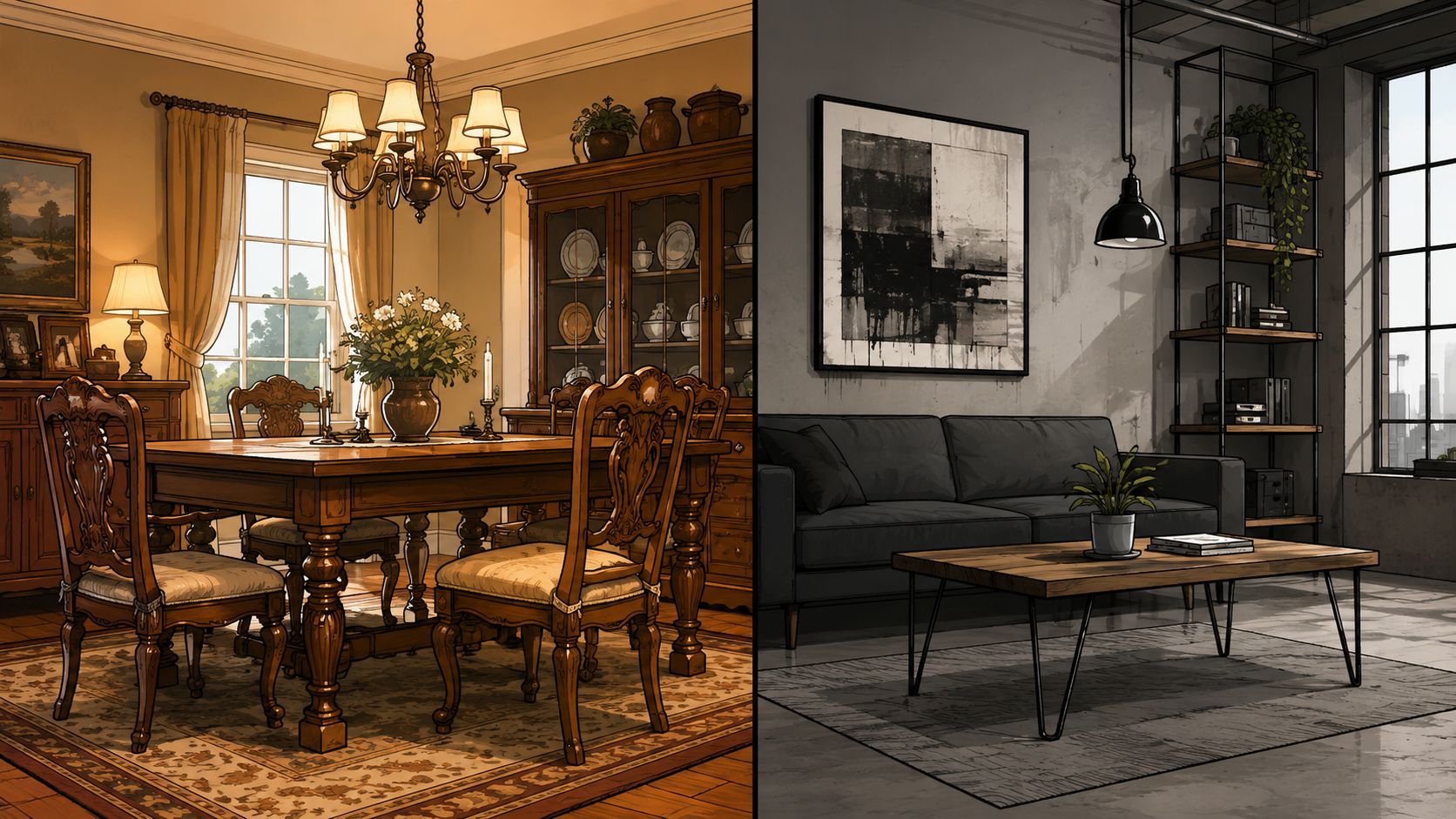 A split screen comparing a traditional wood dining room table with an industrial modern metal coffee table.