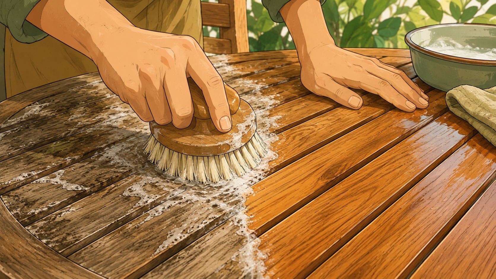 A person scrubbing a weathered wooden outdoor teak table with a bristled brush and soapy water solution.