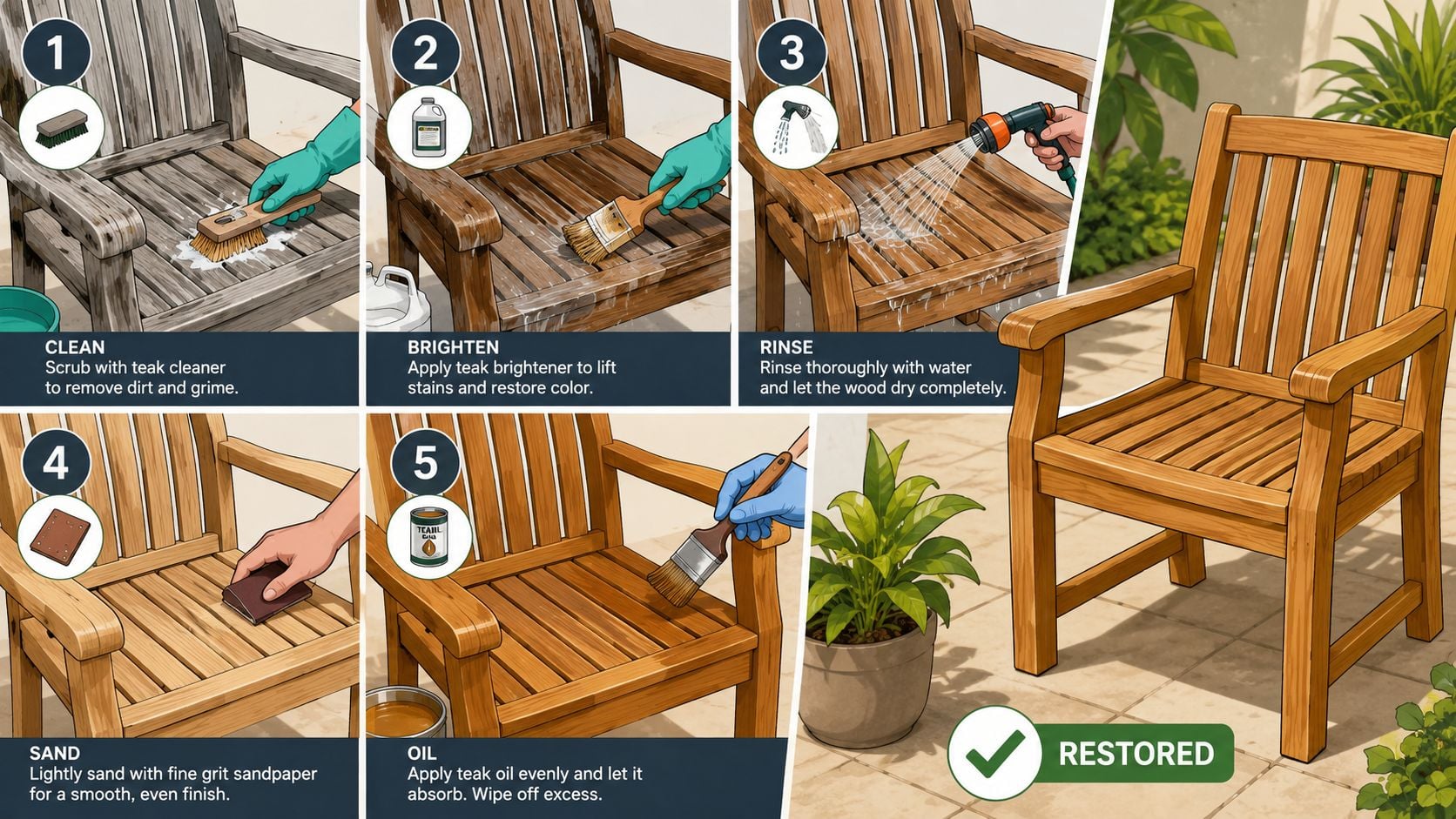 A step-by-step illustrated guide showing how to clean, brighten, sand, and oil weathered teak outdoor furniture.