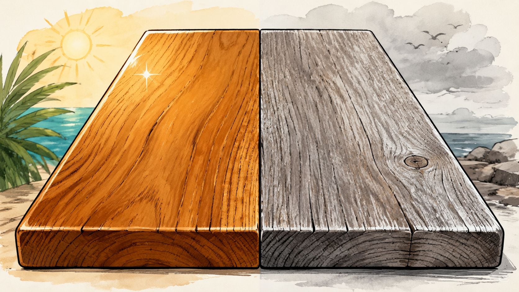 A split comparison showing vibrant teak wood versus weathered, grey, and damaged outdoor wooden plank surface.