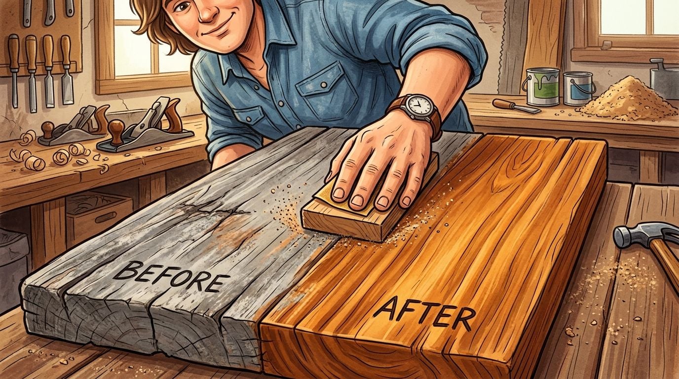 A woodworker sanding a rough wooden plank to reveal a smooth and beautifully polished teak surface.