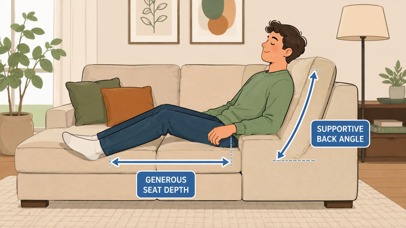 A person relaxing on a beige sectional sofa with labels highlighting seat depth and back angle.