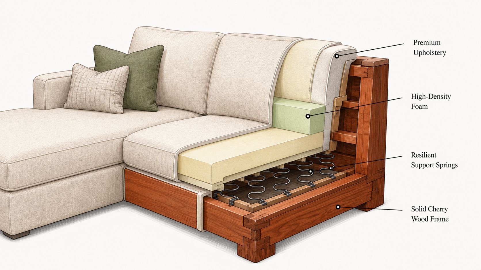A cutaway view showing the inner construction of a sectional sofa with wood frame and springs.