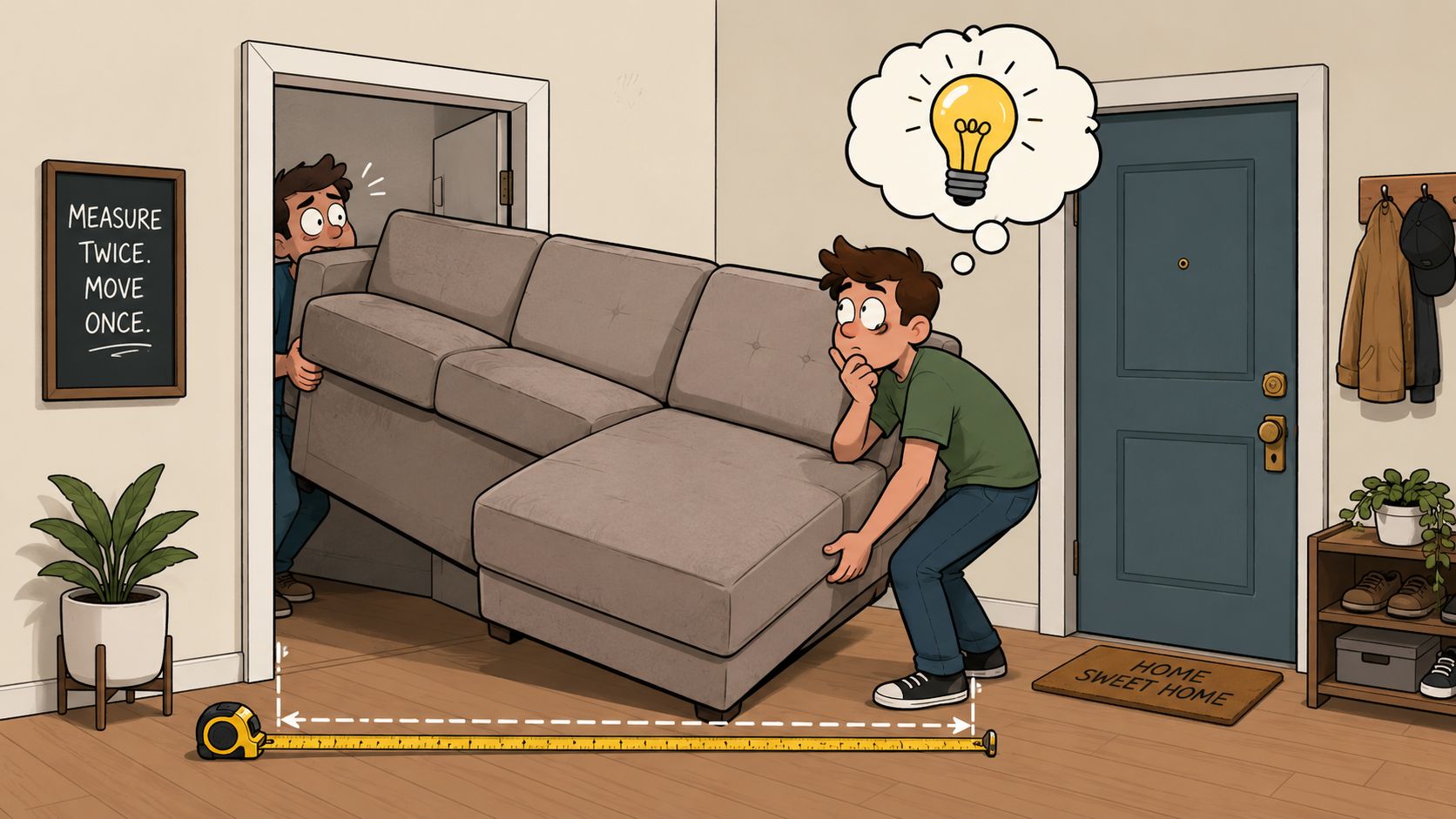 A man carefully measuring the space to fit a gray sectional sofa into his living room doorway.