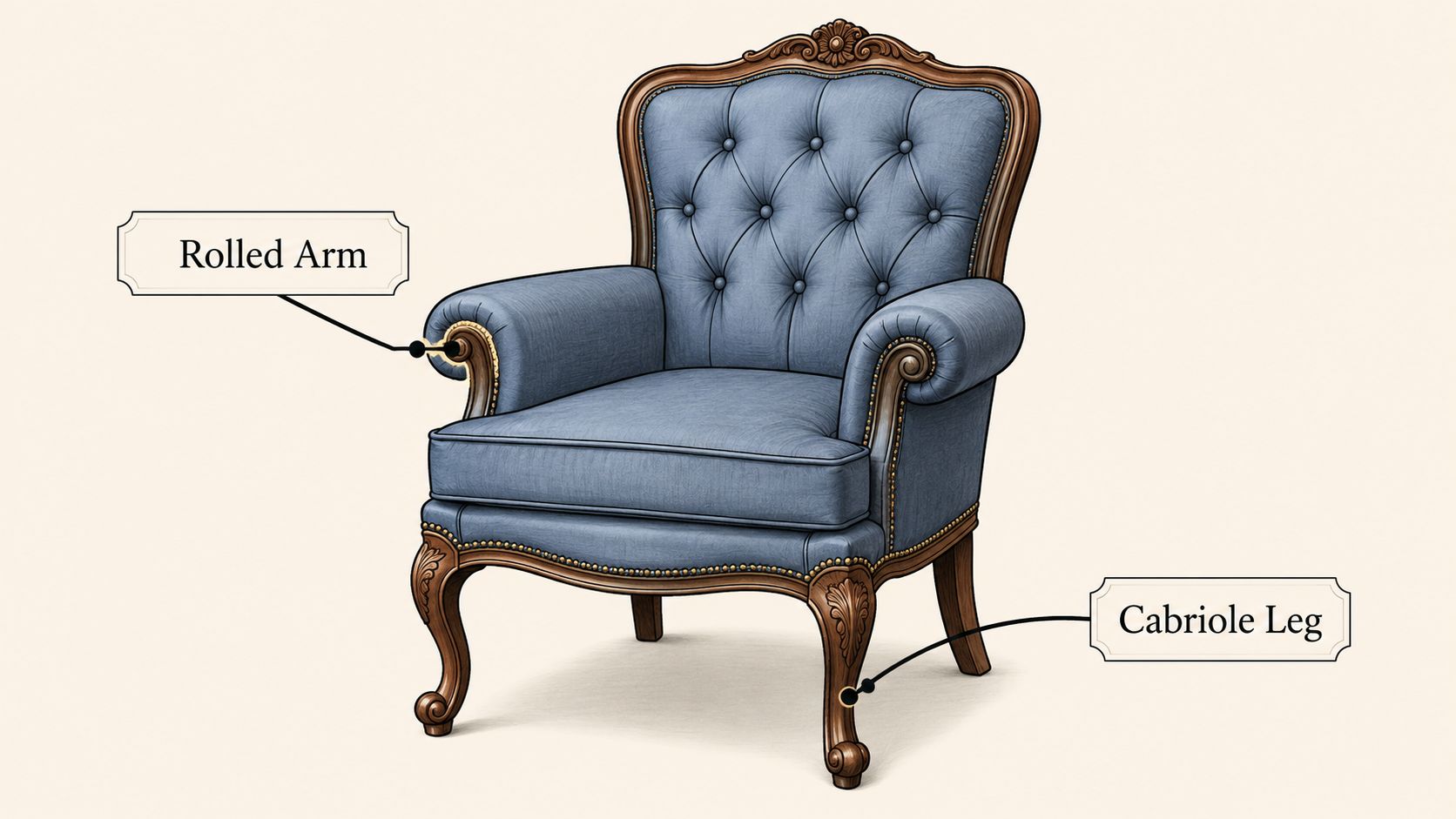 A classic blue upholstered accent chair with rolled arms and ornate carved cabriole legs on display.