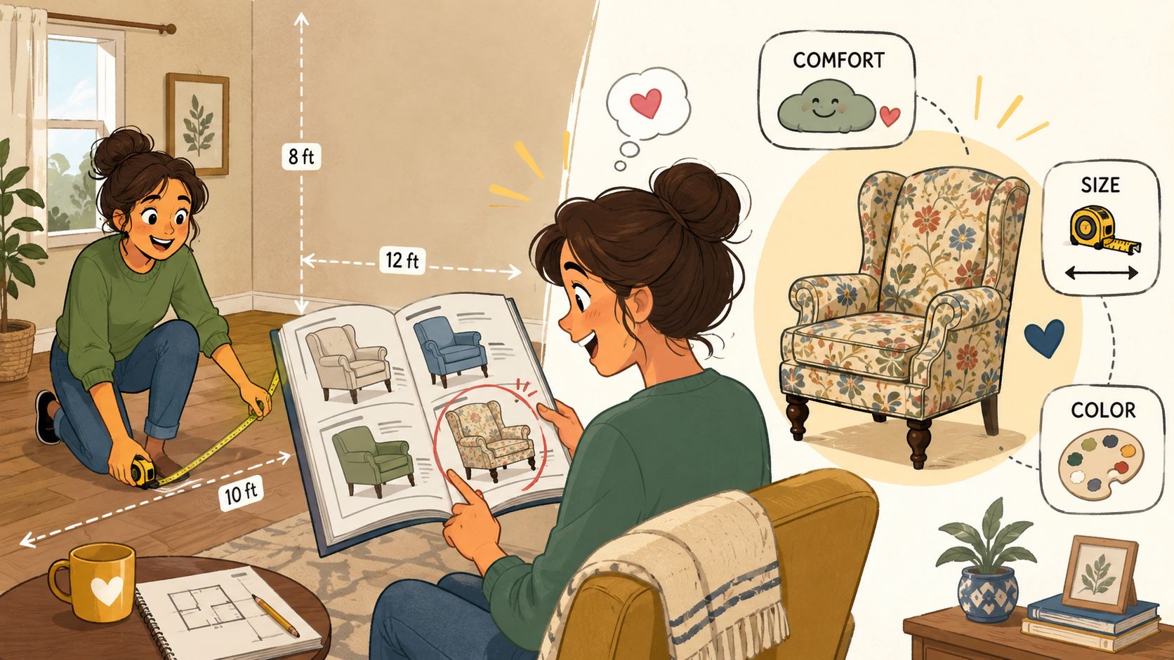 A woman measuring a living room floor while selecting a traditional accent chair from a catalog.