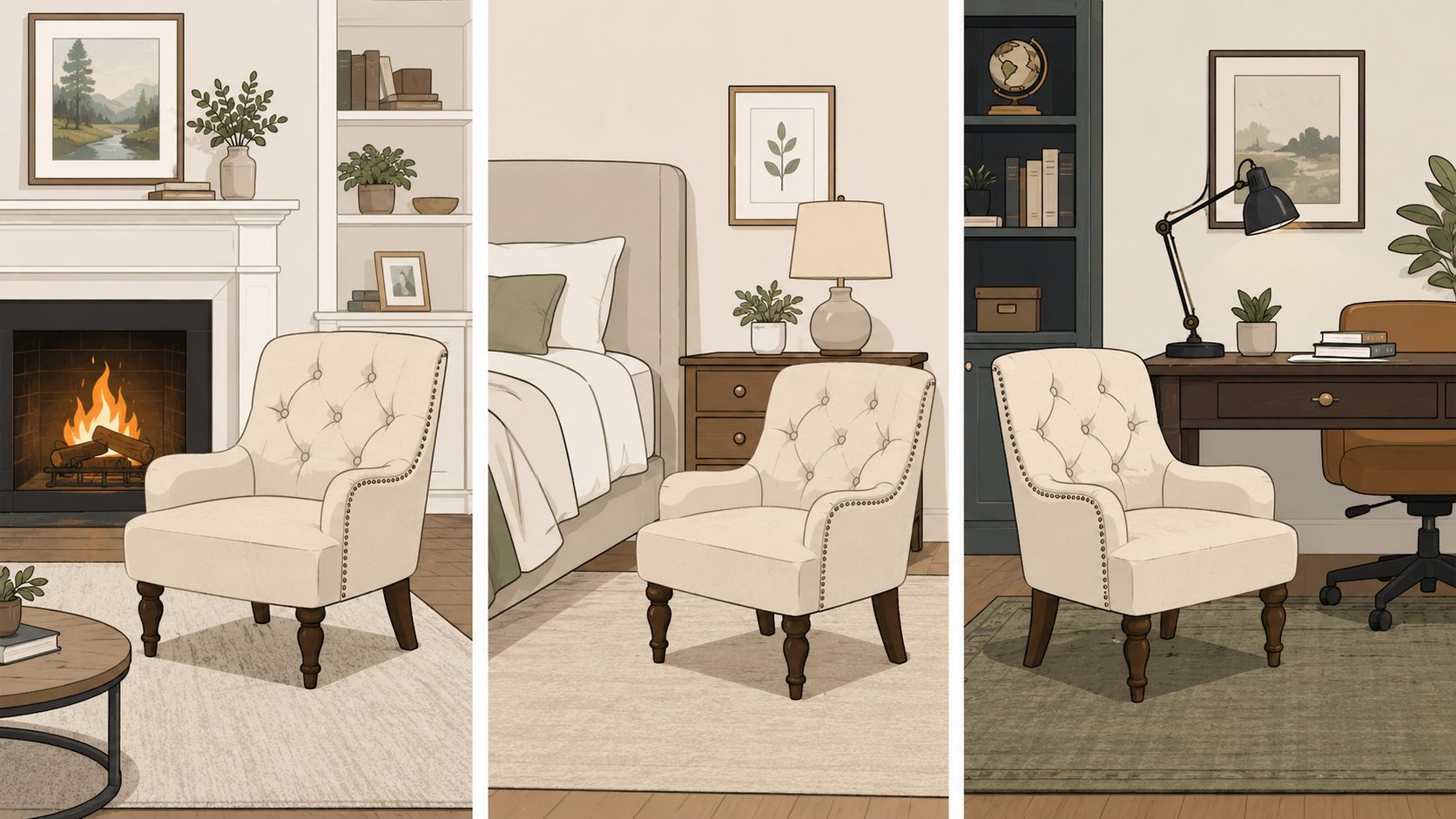 A split image showing three different rooms each featuring the same beige tufted traditional accent chair.