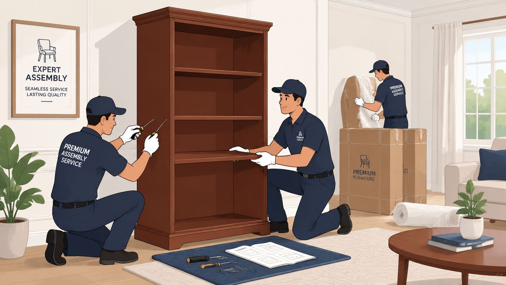 Two professional workers assembling a wooden bookshelf while another worker unboxes furniture in a modern living room.