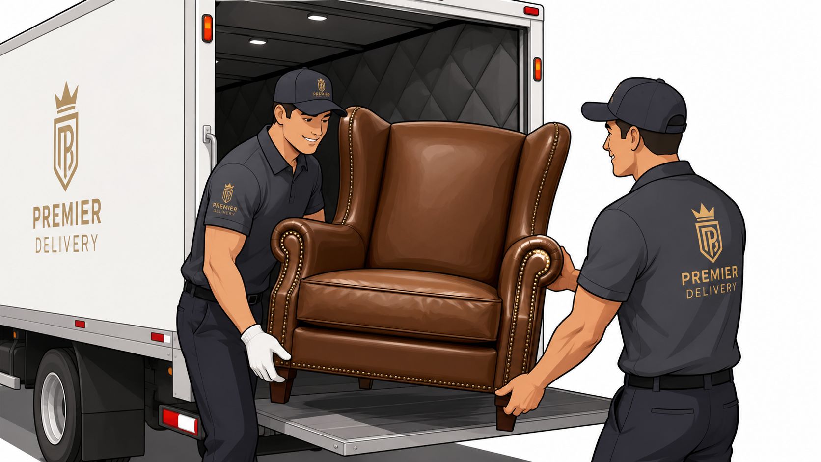Two delivery men in gray uniforms carefully loading a leather armchair onto a white delivery truck.
