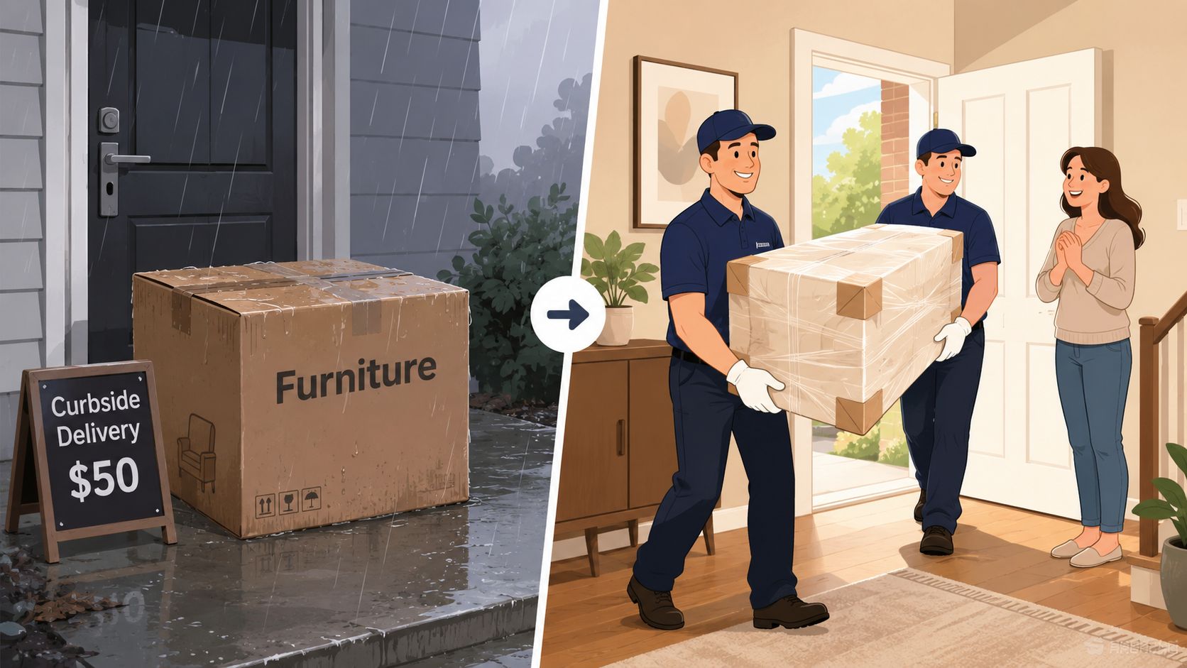 A split image contrasting an unprotected rainy outdoor delivery with a premium white glove indoor furniture delivery.