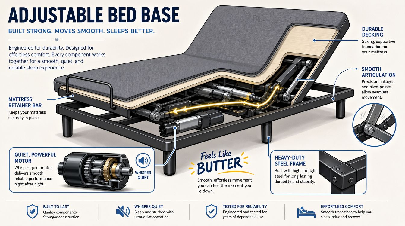 A diagram of an adjustable bed base showing its durable frame, whisper-quiet motor, and smooth articulation components.