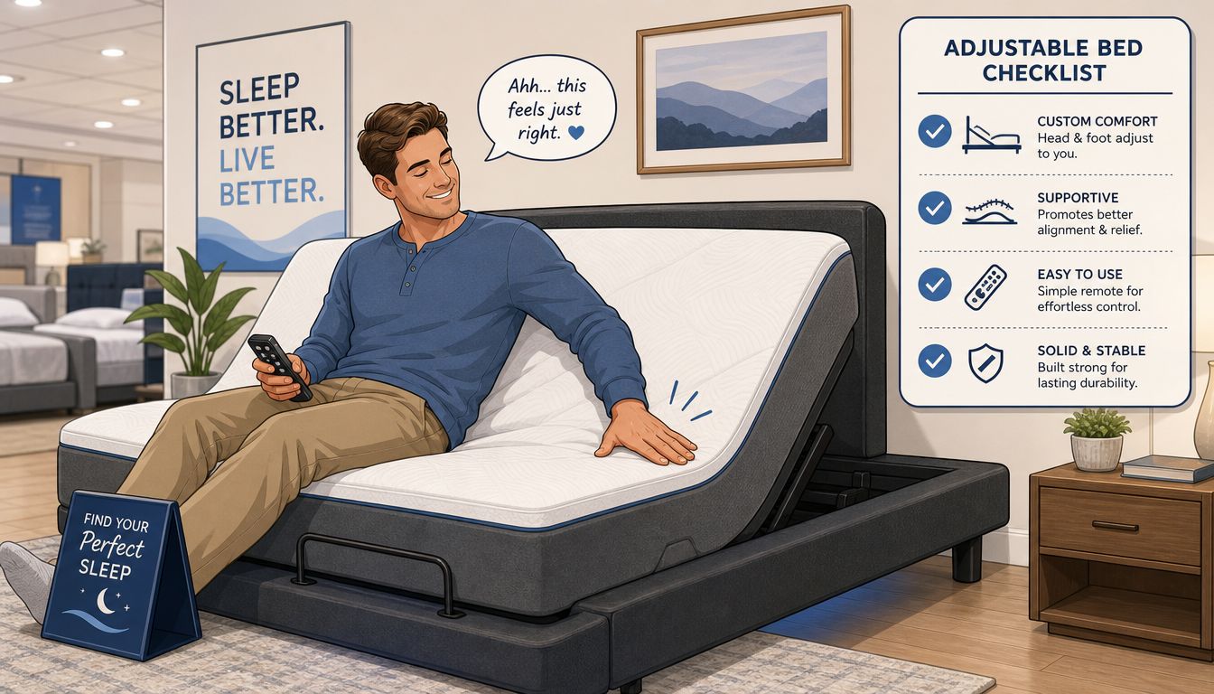 A man sitting comfortably on an adjustable bed base in a showroom with an informative checklist nearby.