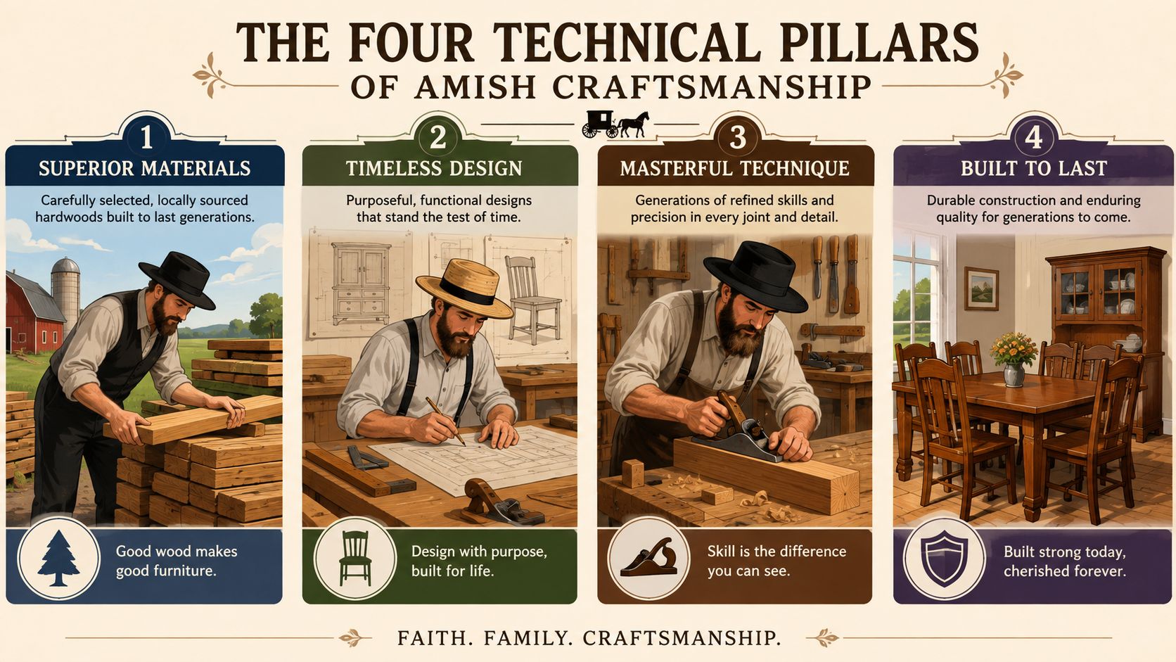 An infographic detailing the four technical pillars of Amish furniture craftsmanship including selection, design, technique, and durability.